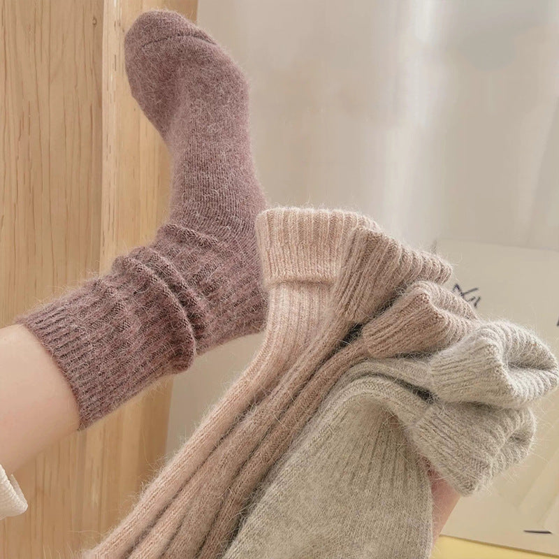 Socks Women's Winter Mid-tube Socks fleece-lined Thickened Warm Socks Soft Vertical Grain Solid Color Japanese Style Stockings Sleep Home Socks