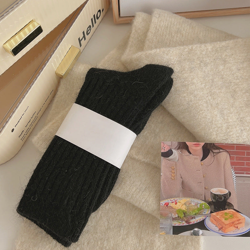 Socks Women's Winter Mid-tube Socks fleece-lined Thickened Warm Socks Soft Vertical Grain Solid Color Japanese Style Stockings Sleep Home Socks