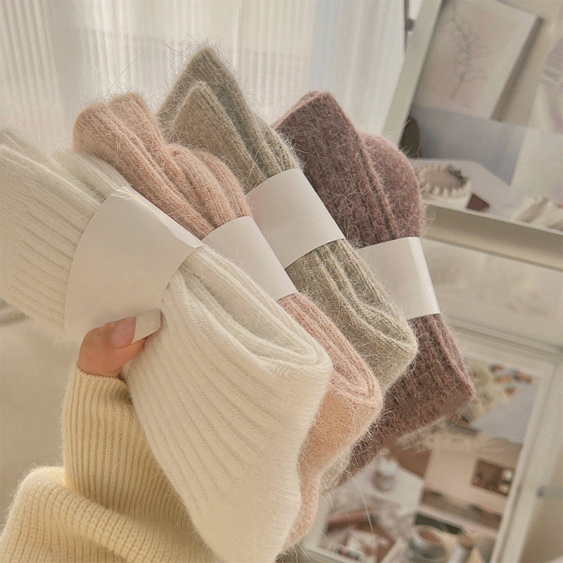 Socks Women's Winter Mid-tube Socks fleece-lined Thickened Warm Socks Soft Vertical Grain Solid Color Japanese Style Stockings Sleep Home Socks