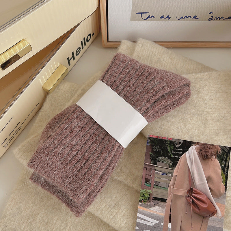 Socks Women's Winter Mid-tube Socks fleece-lined Thickened Warm Socks Soft Vertical Grain Solid Color Japanese Style Stockings Sleep Home Socks